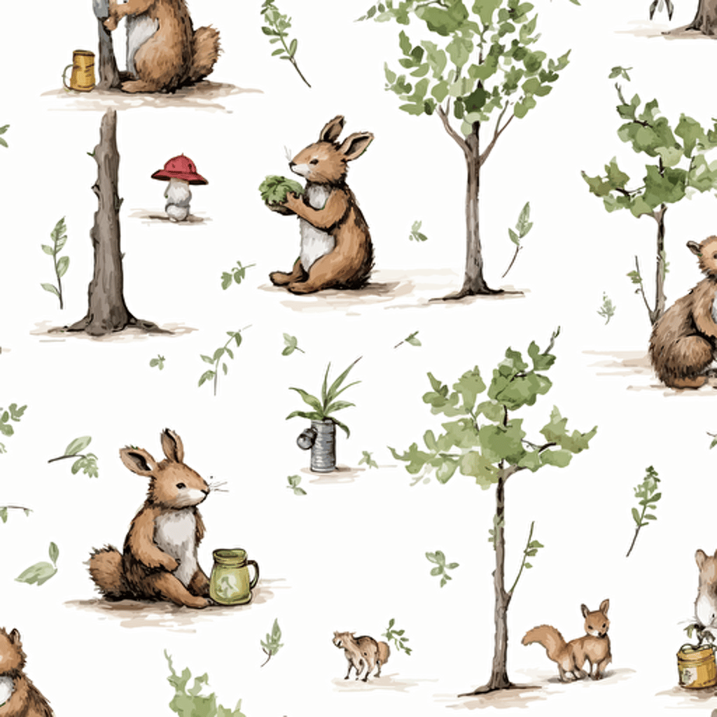 little forestwood creatures, seamless pattern, tile pattern, white background, vector, by banksy