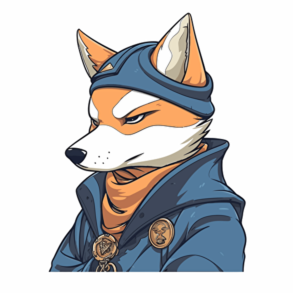 2/3 left side profile shot, cartoon 2d, Shiba blind seer outfit,anarchist, blue eyes, cartoon anime, colors, Vector illustration, white background