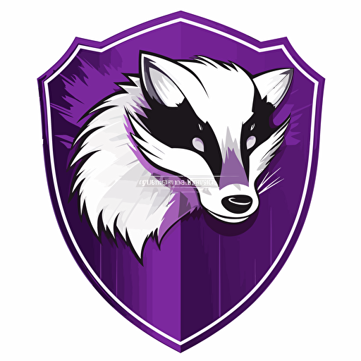 Badger head, shield, cyber, vector art, hacker, hacking, white background, purple tones, no image noise, hyper detailed, maximum detail