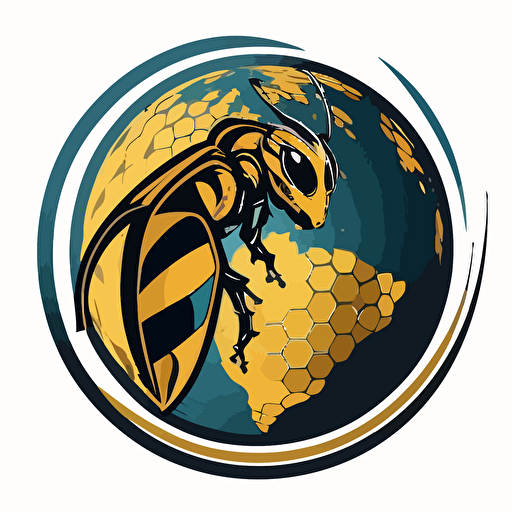 a wasp curled around planet earth logo, with a cat face, vector art, two tone