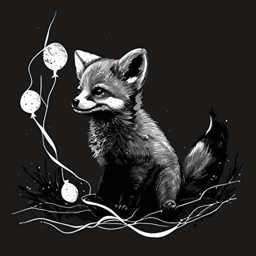 A vectorized image of a baby fox with streamers in black and white.