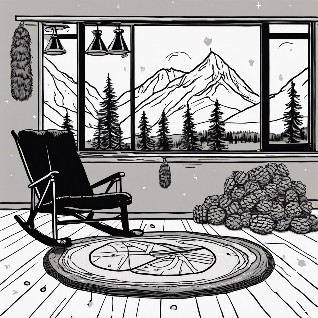 Mountain cabin interior with a fur rug, pinecones, and a snowshoe wall decor, illustration in the style of Matt Blease, illustration, flat, simple, vector