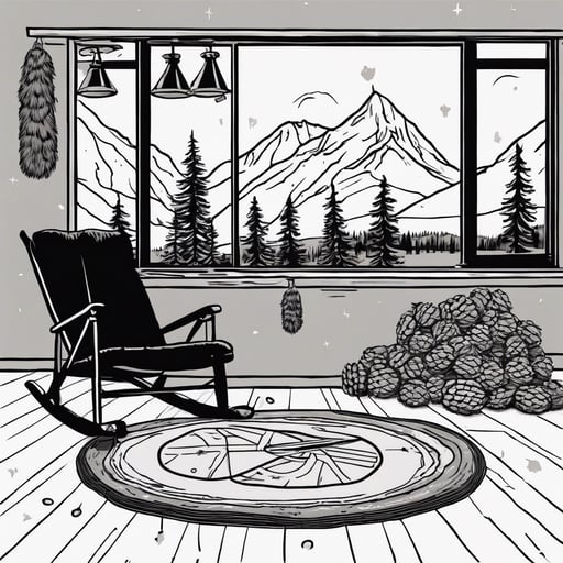 Mountain cabin interior with a fur rug, pinecones, and a snowshoe wall decor