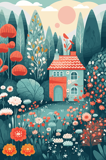 flat svg vector drawing of a colorful picturesque garden