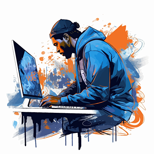 a vector image looking from behind a college teacher who is using a computer, blue and orange and dark gray, graffiti style