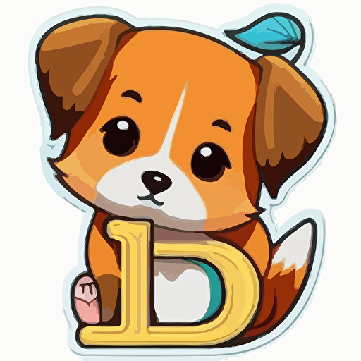 sticker flat vector art,2D kawaii, baby dog sitting on the letter D,cute,colorful disney-inspired