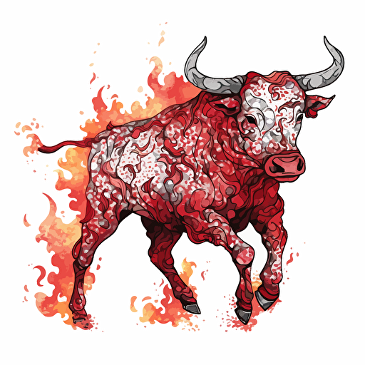 San fermin bull, scary, tiled, manga like, burning man style, vector art, white background