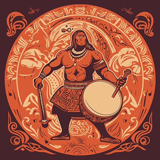 Craft a striking one-color vector illustration that showcases an exuberant Tongan warrior skillfully playing the traditional Tongan drums, known as nafa, while embodying the authentic cultural elements and vibrant heritage of Tonga.