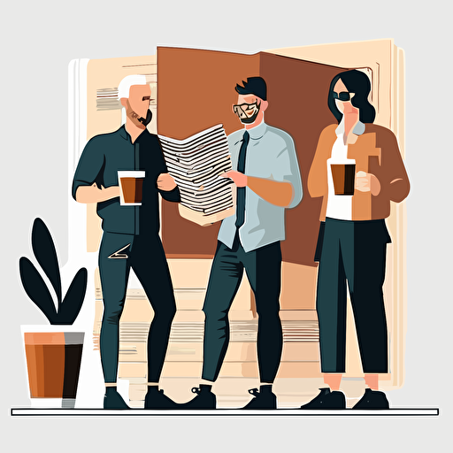 software company flat vector, 3 people pointing at notebook, drinking coffee, in the style of behance