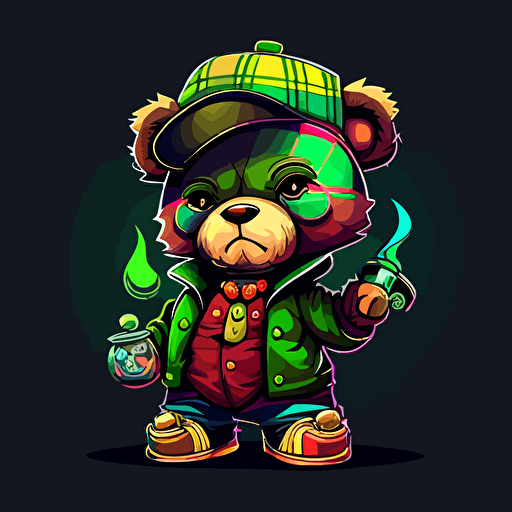 vector art image of a colorful teddy bear smoking marijuana dressed in hip hop attire