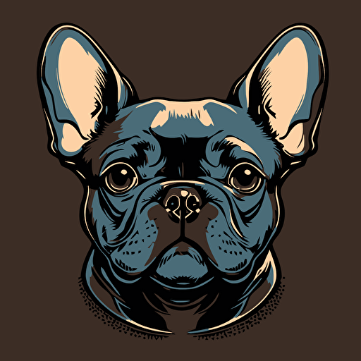 dark french bulldog head, cartoon eyes, friendly but focused, wry smile, vector logo, vector art, emblem, simple, cartoon, 2d