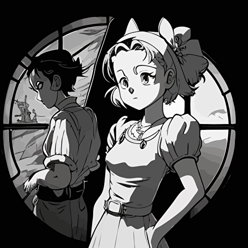 2d vector, anime, studio ghibli, 1930s disney, portriat. Black & white