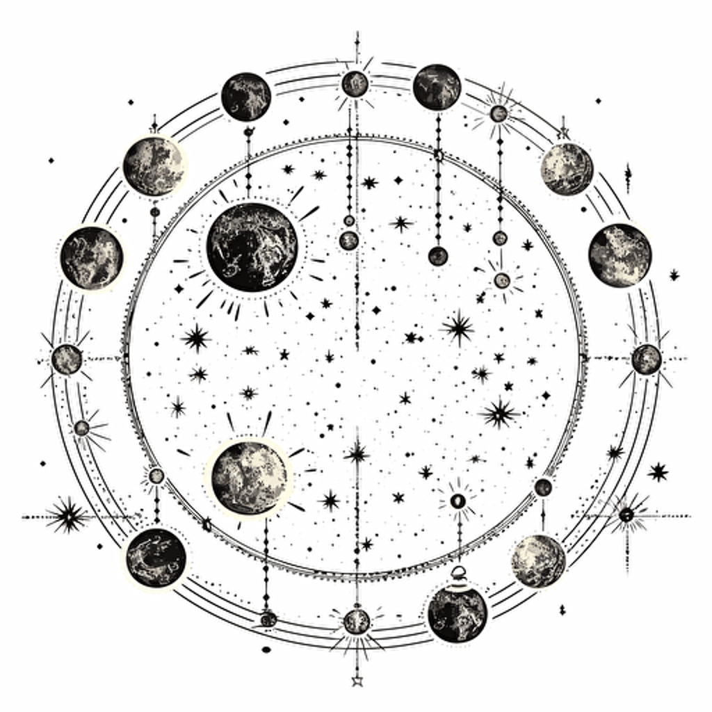 Detailed moon phases design with stars line drawing super detailed vector design on white background, vector illustration
