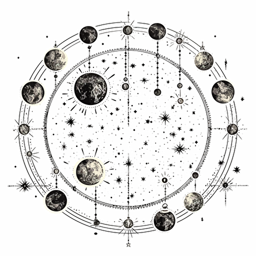 detailed moon phases design with stars line drawing super detailed vector design on white background