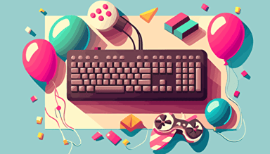 balloons, birthday cake, party and gaming stuff like mouse, keyboard, gaming controller, vector gaphics, flat background