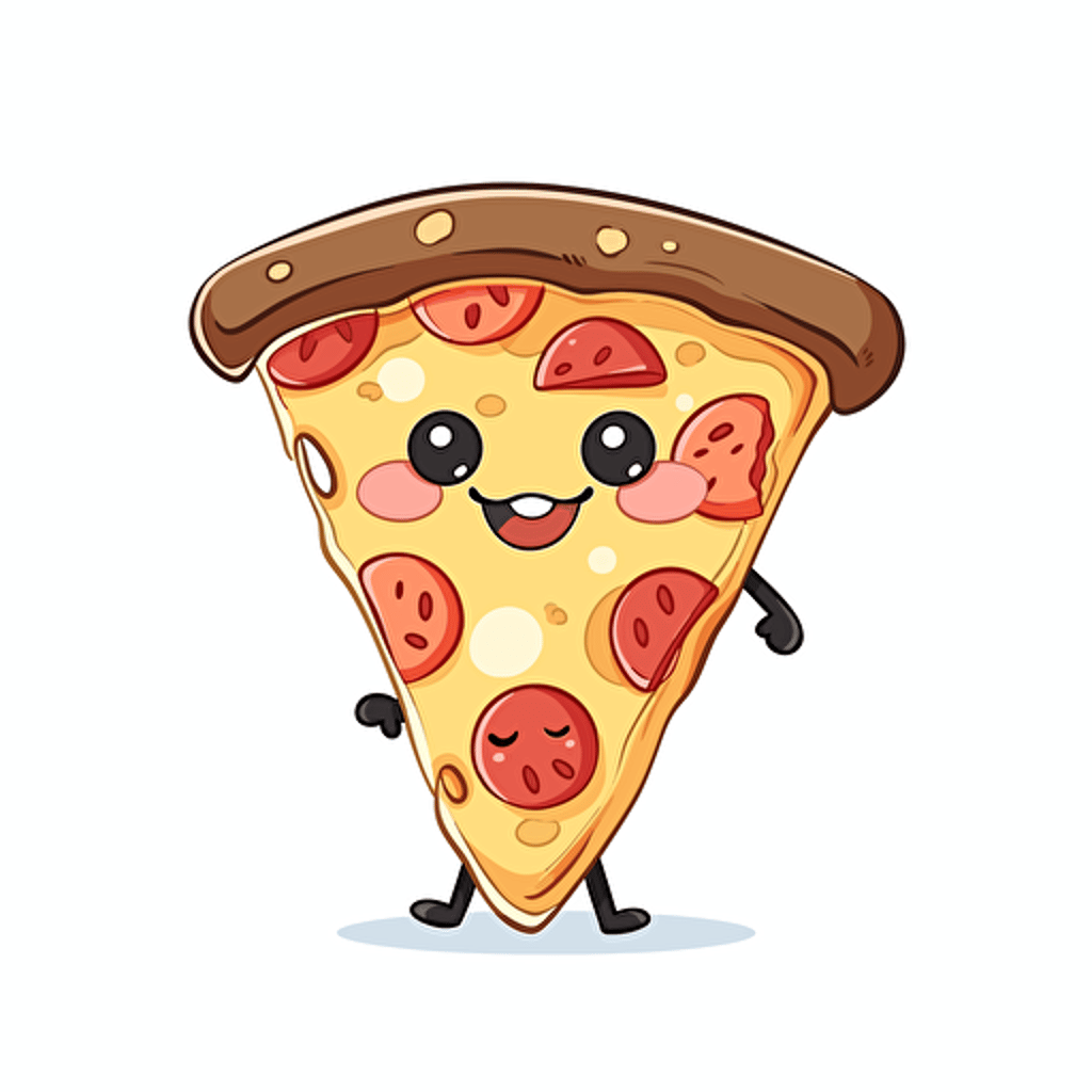 cute pizza slice, 2d cartoon vector style, white background