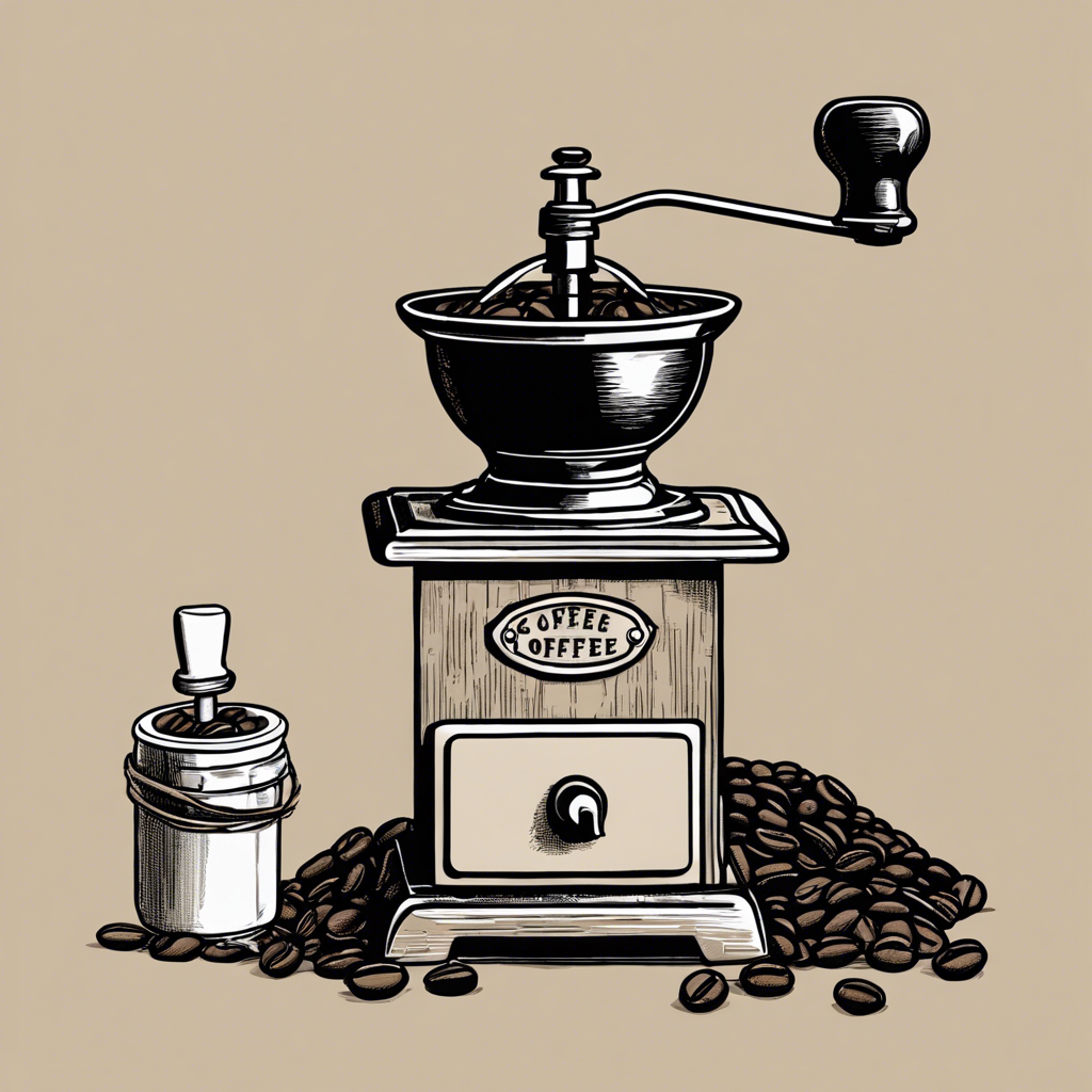 Coffee beans and old-fashioned coffee grinder with a burlap sack, illustration in the style of Matt Blease, illustration, flat, simple, vector