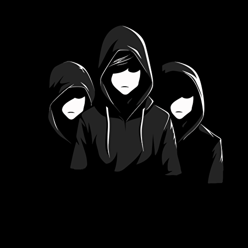 logo, a family 3 people with hoodies , face in the dark, from mid chest, vector style, flat 2d, black and white