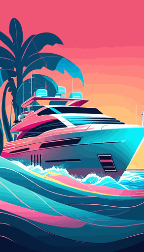 luxury motor yacht in the back small on see, waves, islands, flat abstract minimalistic vector style, vibrant neon colors, pink, light blue