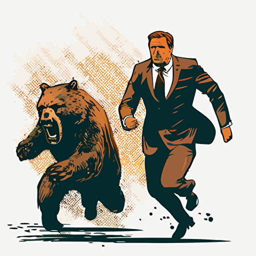 a simple vector image of a angry grizzly bear chasing a man that is wearing a suit and tie, no background, v5