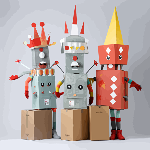 minimalist carnival mas costumes stacked in boxes with a vector based cartoon style on a flat grey background in a front facing angle