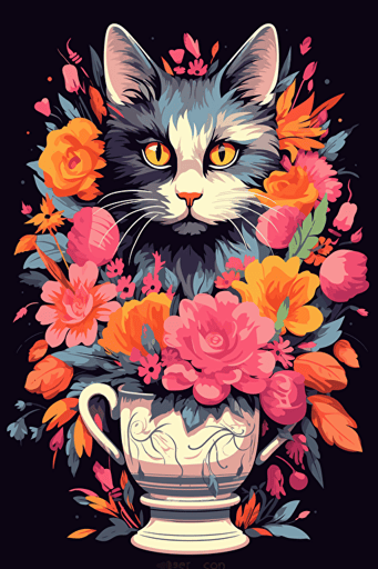 colorful svg vector drawing of a beautiful cat in front of a vase full of flowers