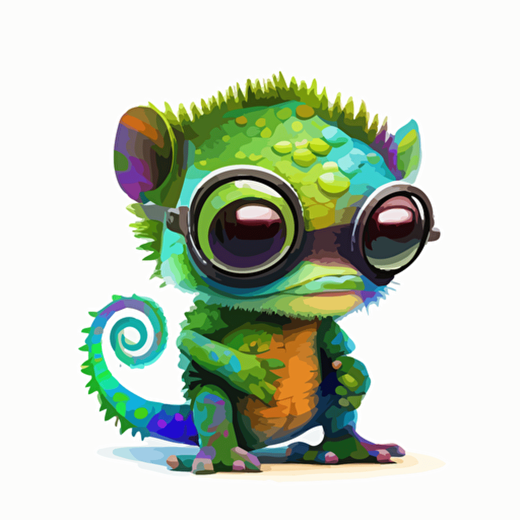 a very cute baby chameleon dressed as a Albert Einstein , wearing very big sunglasses ,vector, cartoon, graffiti neon colors, white background