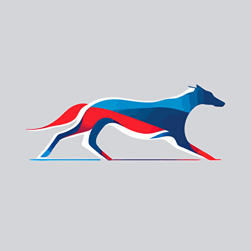 flat vector logo of a greyhound running, blue and red, simple minimal, by Ivan Chermayeff