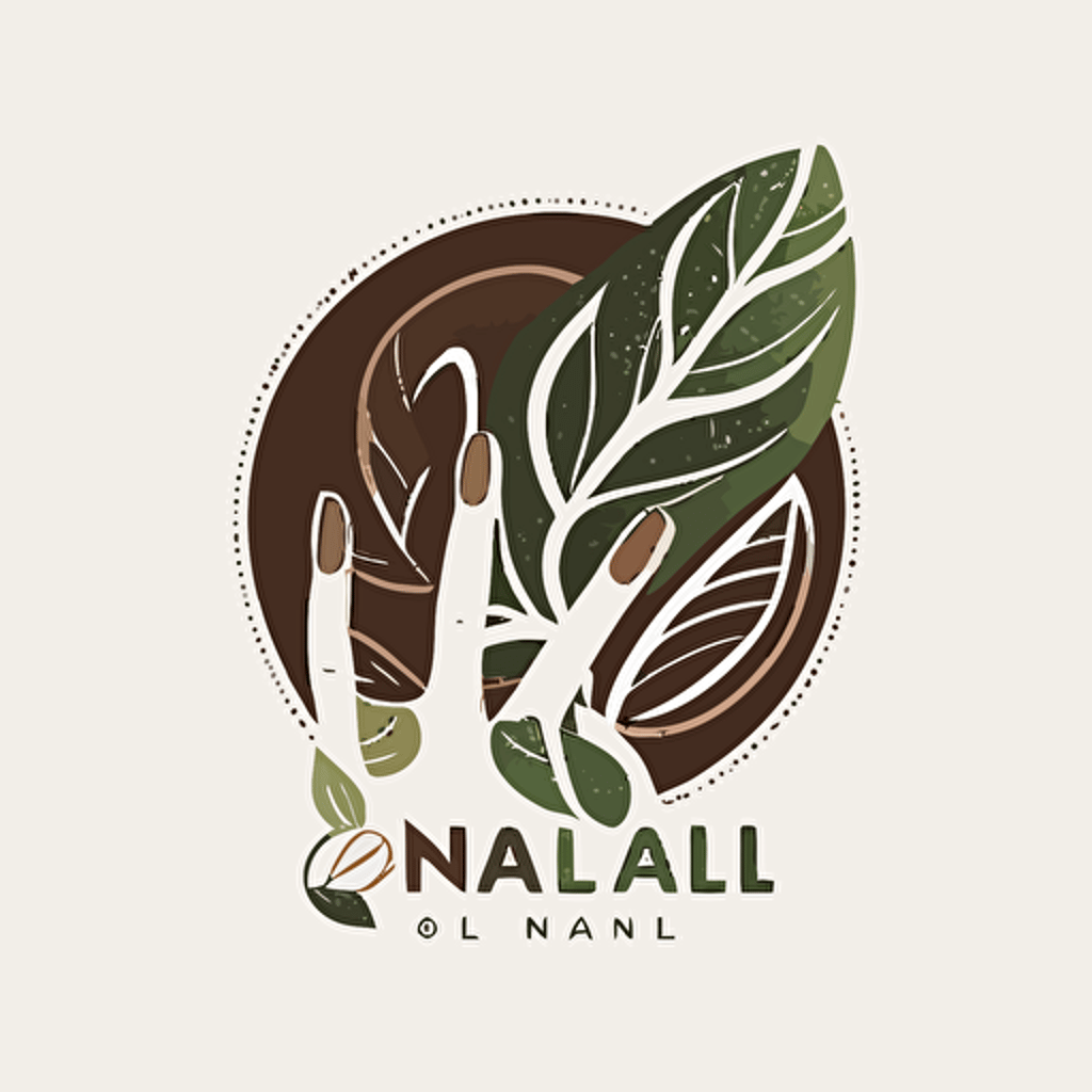 produce a lubalin-style minimalistic vector logo for organic nails shop featuring leaves and a beautiful hand with white intricate polish, in green and brown shades, abstract and simplicity