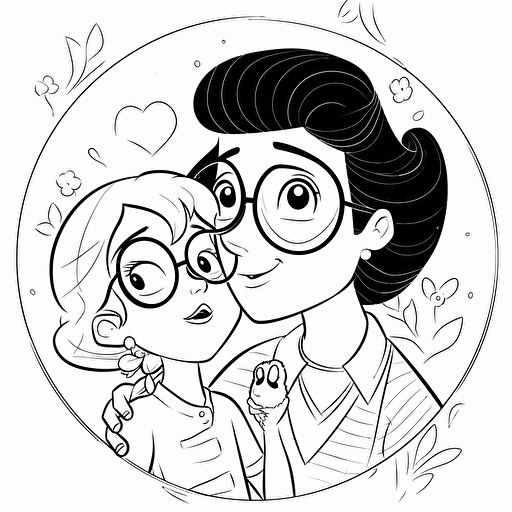 mothers day, pixar style, simple outline and shapes, coloring page black and white comic book flat vector, white background