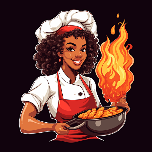 vector 2d sould food Black female chef mascot. wearing red and white clothing. holding a flaming pot of fried foods and vegetables