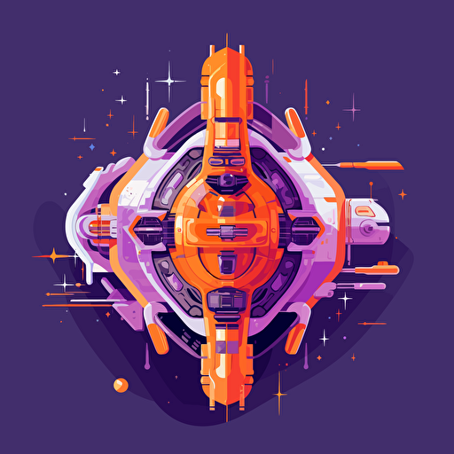 massive spaceship preparing for a warp, planets, 2D, vector, flat art, fedex purple and orange