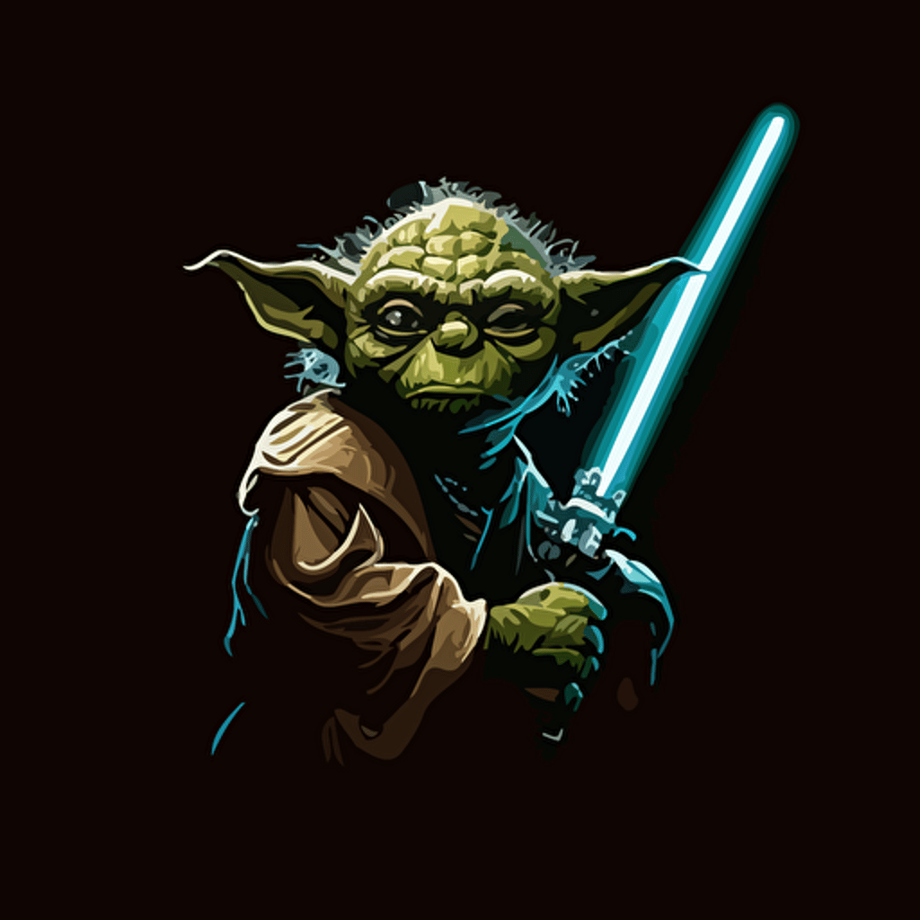 yoda with lightsaber, dark background, vector art