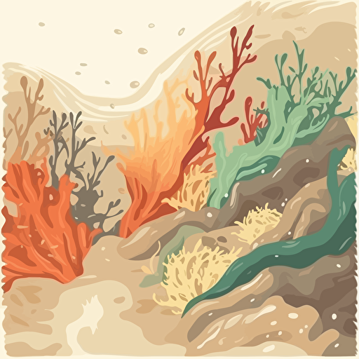 sandy ocean floor, colorful, coral and seaweed, vector clip-art style