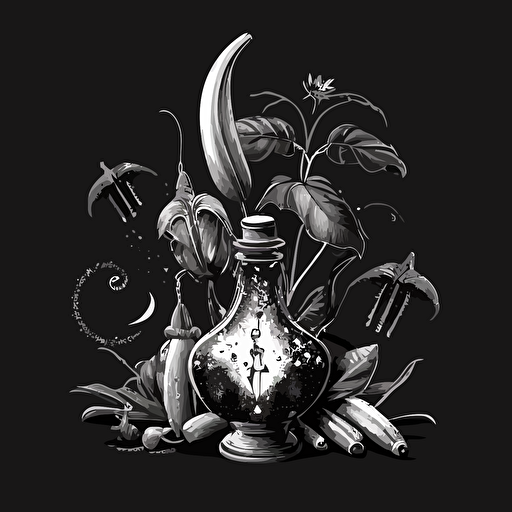 black and white vector image of magic potion and a bunch of bananas