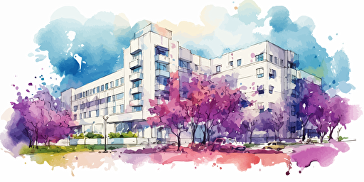 an ink illustration vector of cedars-sinai hospital watercolor white background the palette is purple fuschia magenta electric blue and green