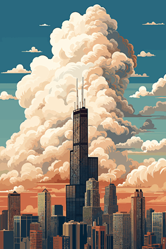 vector art, sears tower, clouds