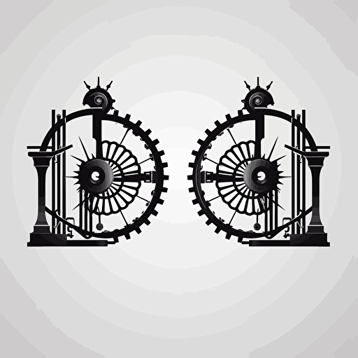 create a logo as simple as possible, with a large gear in the middle, and two large gate like fences surrounding it which are mirror images of each other. the logo should be in black and while, in minimalistic style, with a detailed gear and simple gates, vector