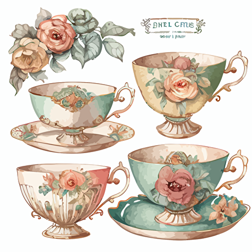 hand painted watercolor clip art of antique tea cups, vector image