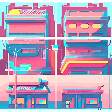 urban architecture, flat style, simple modeling, bright colors, gradient colors, minimalist, wide angle, suzhou city, vector illustration, super detail