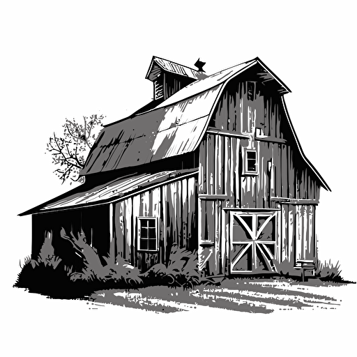 rustic barn in style of charles williams, black and white, flat, vector, line drawling, white background ar 1:1