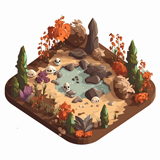 isometric cartoon vector image of a dead botanical garden, dead leaves, brown plants, mud