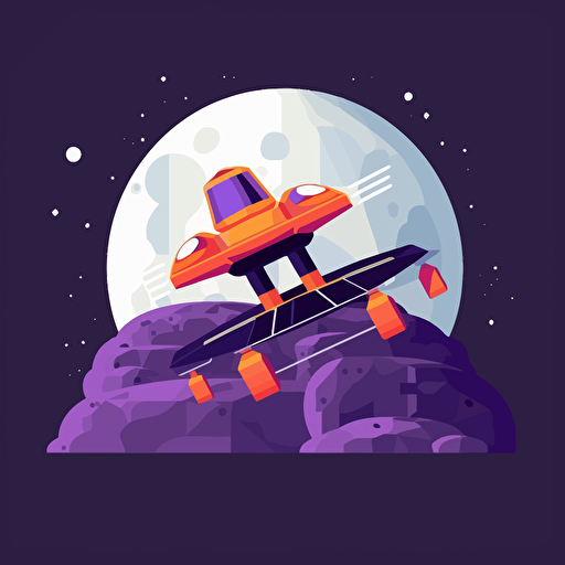 spaceship landing on moon, 2D, vector, flat art, fedex purple and orange