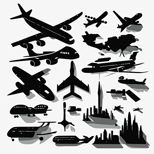 solid black silhouette vector animations of different airplanes, black on white background
