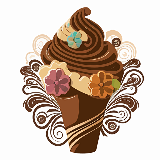 vector logo, cartoon chocolate soft serve swirl, with 3 flowers coming out, as if the soft serve is the vase for the flowers