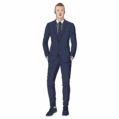 a flat vector image of a mannequin in a navy suit and tie, full frontal view. The pants and jacket are in a slim fit. He is wearing black lace-up shoes