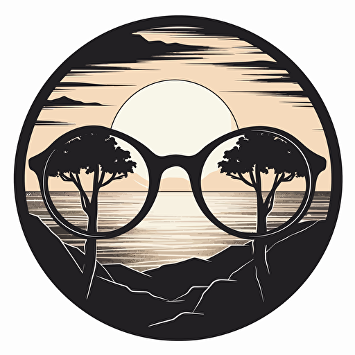 a sticker showing a pair of round shaped sunglasses and inside them a sunset, in black and white vector