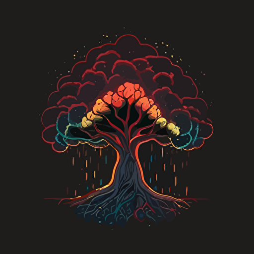 tree of life, dark background, RGB lighting, mushroom cloud, lava, logo, simple, minimal line, vector