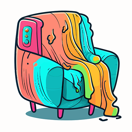 oversized stuffed chair with a throw blanket, Sticker, Joyful, Electric Colors, cartoon, Contour, Vector, White Background, Detailed