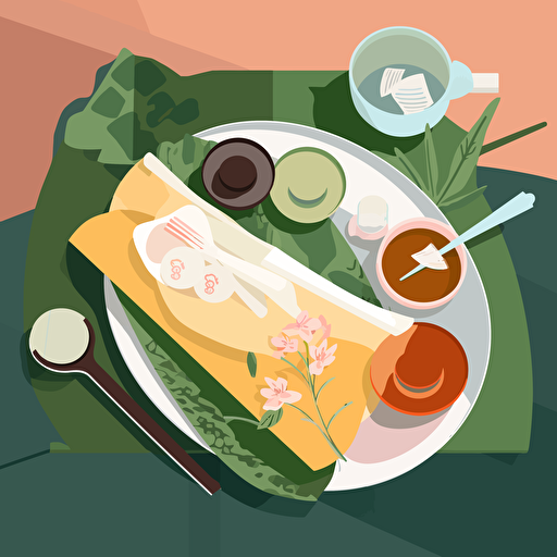 Flat Vector Illustration of a Asian suop. Mood is Elegant Table setting, Style of Malika Favre. Use only 3 Colours. Strong Light and Shadow. Style of Maite Franchi. Pastel Colours